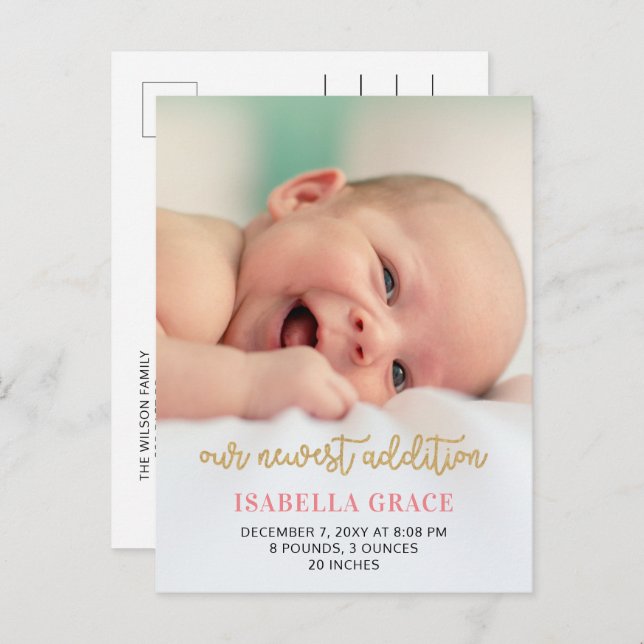 Cute Pink Script Photo Baby Announcement (Front/Back)