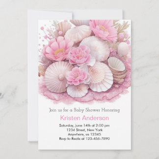 Cute Pink Sea Shell Adventure Girl Baby Shower Invitation