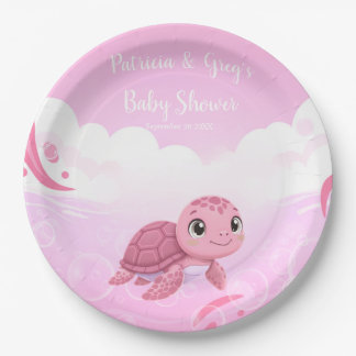 Cute Pink Sea Turtle Girl Baby Shower Paper Plate