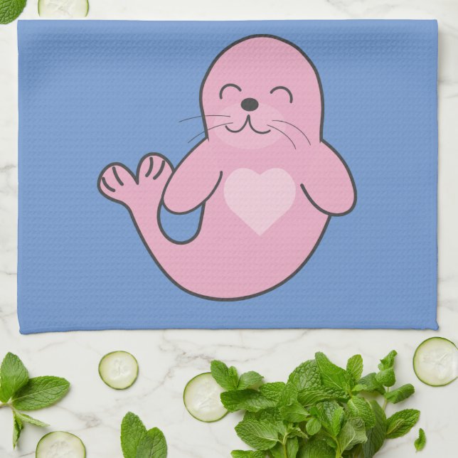 Cute pink seal kitchen towel (Folded)