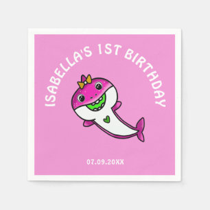 Cute Pink Shark Baby Girl 1st Birthday Napkin