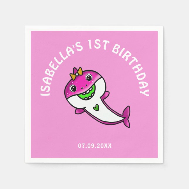 Cute Pink Shark Baby Girl 1st Birthday   Napkin (Front)