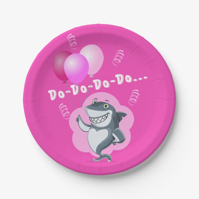 Cute Pink Shark | Pink Balloons Birthday Paper Plate (Front)
