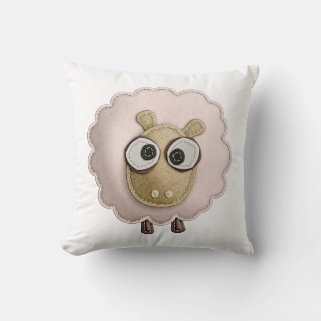 Cute Pink Sheep Faux Felt Printed Image Throw Pillow (Front)