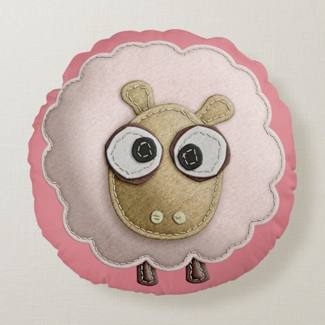 Cute Pink Sheep Faux Felt Round Pillow (Front)