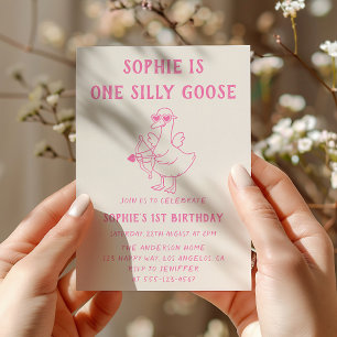 Cute Pink Silly Goose 1st Birthday Invitation