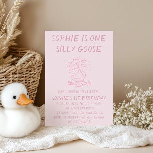 Cute Pink Silly Goose Girl 1st Birthday Party Invitation