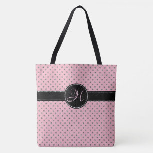 Cute Pink Silver Glitter Polka Dot Monogram Large Tote Bag