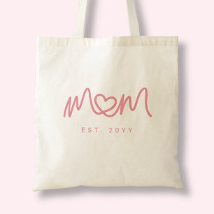 Cute Pink Simple Script Heart Mom Established Est Tote Bag