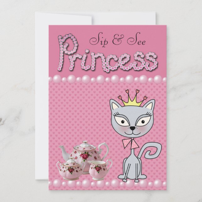 Cute Pink Sip & See Baby Shower Princess Kitty Cat Invitation (Front)