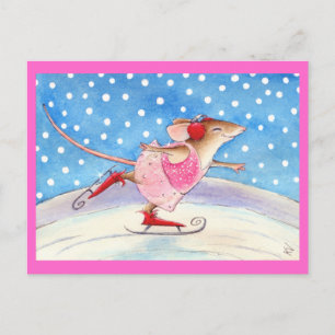 Cute pink skating mouse postcard