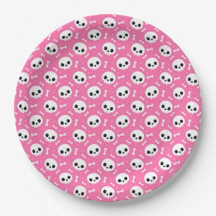 Cute Pink Skull & Bones Halloween Pattern Paper Plate
