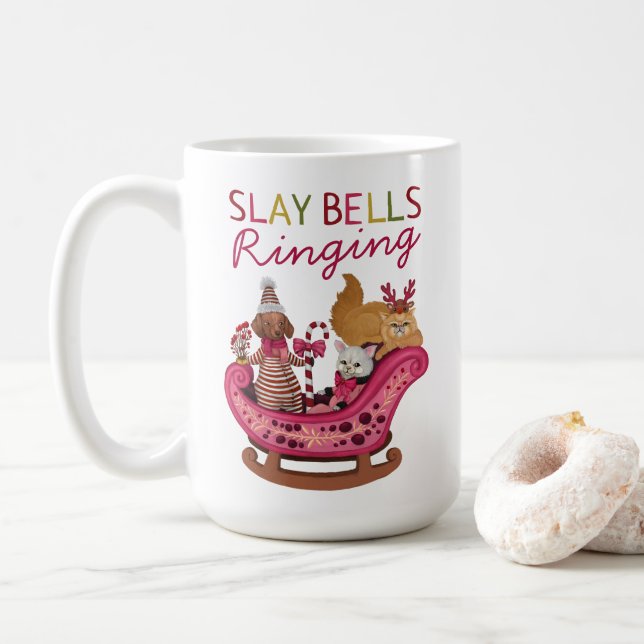 Cute Pink Slay Bells Ringing Christmas Pun Coffee Mug (With Donut)