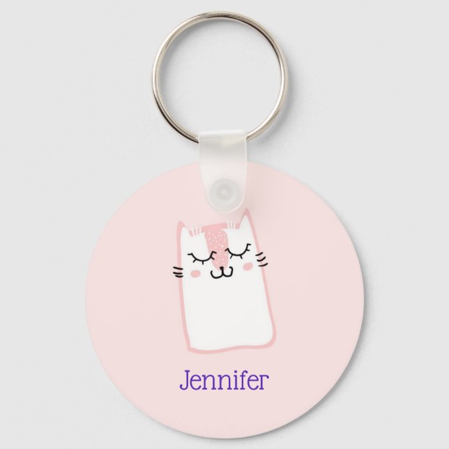 Cute Pink Sleeping Kitty Cat Custom Keychain (Front)