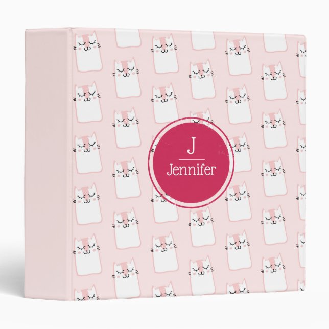 Cute Pink Sleeping Kitty Cat Pattern Monogram Binder (Front/Spine)
