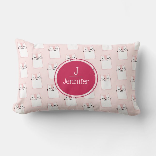 Cute Pink Sleeping Kitty Cat Pattern Monogram Lumbar Pillow (Front)
