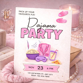 Cute Pink Sleepover for Girls Pajama Party Invitation