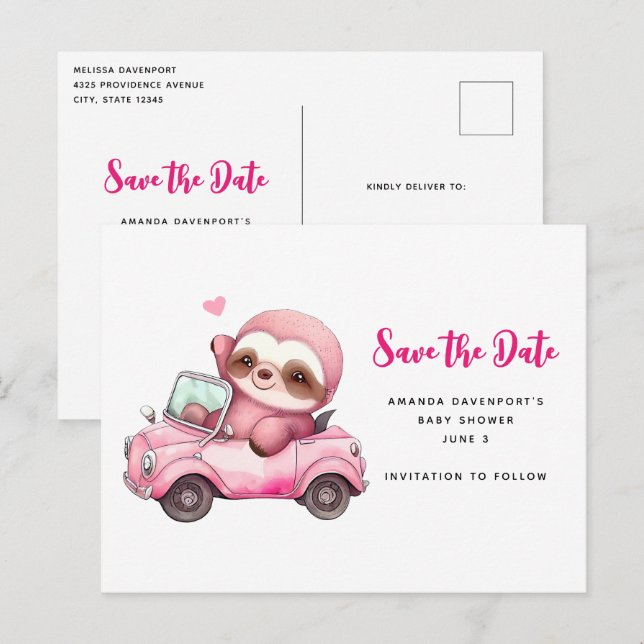 Cute Pink Sloth Driving a Car Save the Date Invitation Postcard (Front/Back)