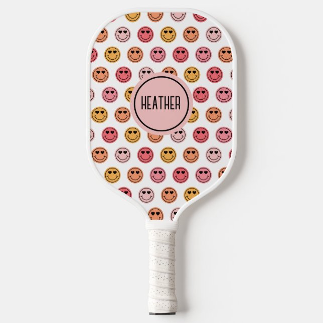 Cute Pink Smile Face Pattern Monogram Pickleball Paddle (Front)