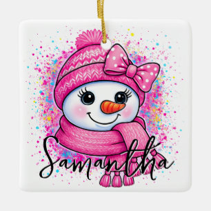 Cute Pink Snowgirl Photo Ceramic Ornament