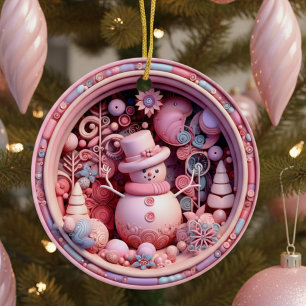 Cute Pink Snowman Christmas Ceramic Ornament