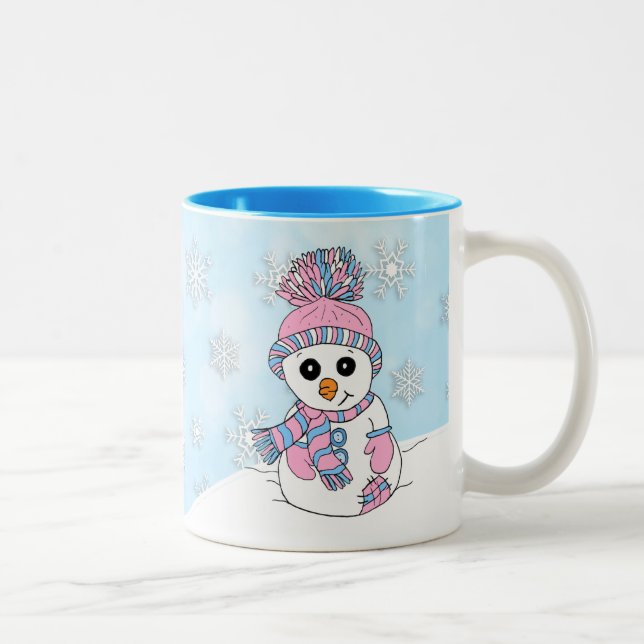Cute pink snowman Christmas Holidays Two-Tone Coffee Mug (Right)