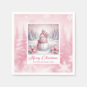 Cute Pink Snowman Christmas Napkin Winter Scene