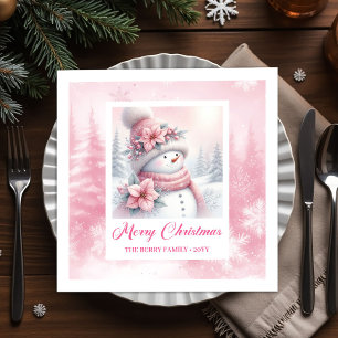 Cute Pink Snowman Christmas Scene Kids Holiday Napkin