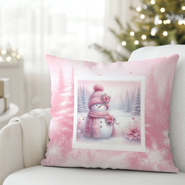 Cute Pink Snowman Christmas Scene Pinkmas Pillow (Cute Pink Snowman Christmas Scene Pinkmas Pillow)