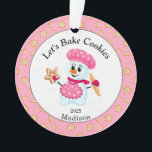 Cute Pink Snowman Cookie Baker Name Christmas Ornament<br><div class="desc">Pink and White Snowman Baker Ornament for kids and adults. The perfect ornament to grandma to give to her favourite cookie baker. Sprinkled cookie background with the words "Let's bake cookies", which can be changed if you like. It is a perfect personalized gift for the family or friends who love...</div>