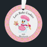 Cute Pink Snowman Cookie Baker Name Christmas Ornament<br><div class="desc">Pink and White Snowman Baker Ornament for kids and adults. The perfect ornament to grandma to give to her favourite cookie baker. Sprinkled cookie background with the words "Let's bake cookies", which can be changed if you like. It is a perfect personalized gift for the family or friends who love...</div>