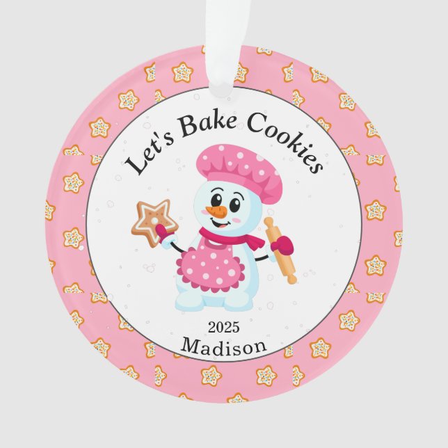  Cute Pink Snowman Cookie Baker Name Christmas Ornament (Front)