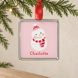 Cute Pink Snowman Kids Name Christmas Keepsake Metal Ornament
