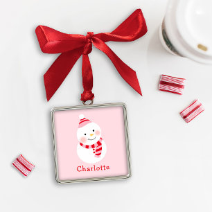 Cute Pink Snowman Kids Name Christmas Keepsake Metal Ornament