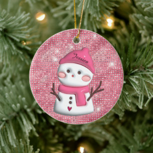 Cute Pink Snowman Personalized Name Ceramic Ornament