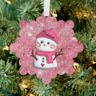 Cute Pink Snowman Personalized Name Ornament Card