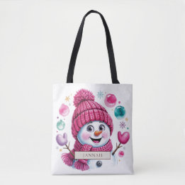 Cute Pink Snowman Watercolor Christmas Name Tote Bag