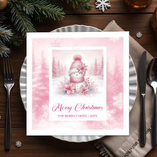 Cute Pink Snowman Watercolor Winter Scene Pinkmas  Napkin
