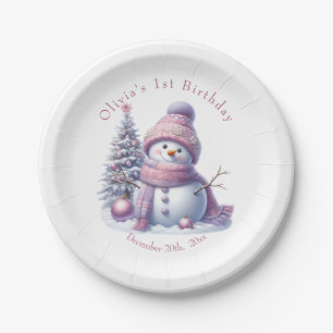 Cute Pink Snowman Winter Birthday Paper Plate