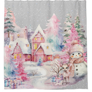 Cute Pink Snowman Winter Wonderland