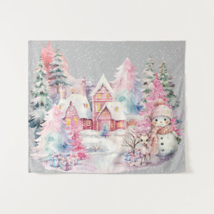 Cute Pink Snowman Winter Wonderland Tapestry