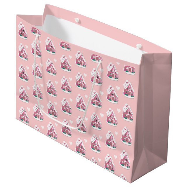 Cute Pink Snowy Gingerbread House Large Gift Bag (Front Angled)