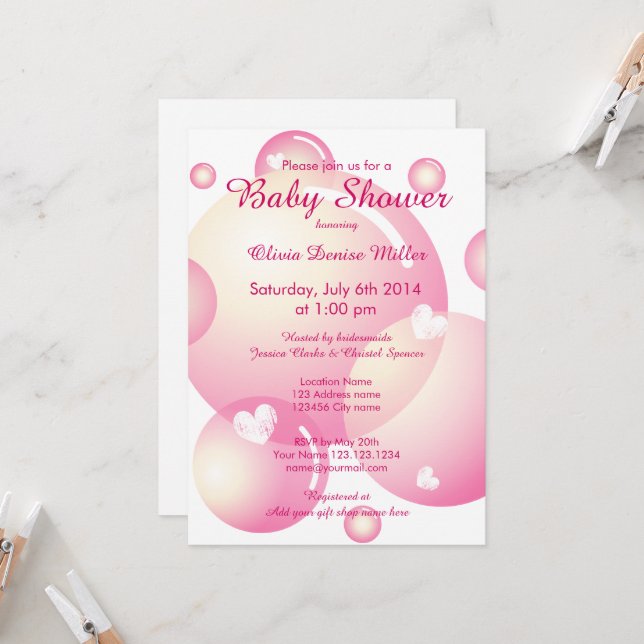 Cute pink soap bubbles girl's baby shower party invitation (Front/Back In Situ)