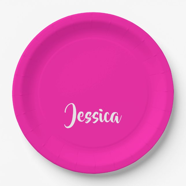 Cute pink solid plain paper plate (Front)