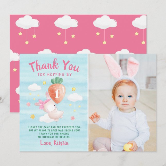 Cute Pink Some Bunny with Carrot Photo Birthday Thank You Card (Front/Back)