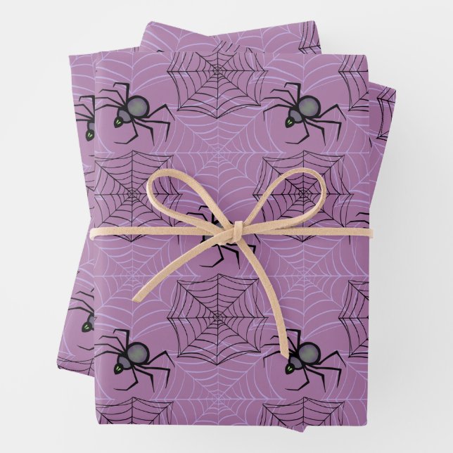 Cute Pink Spider Halloween Wrapping Paper Set of 3 (In situ)