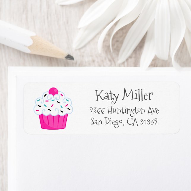 Cute Pink Sprinkle Cupcake Girls Address Label (Insitu)