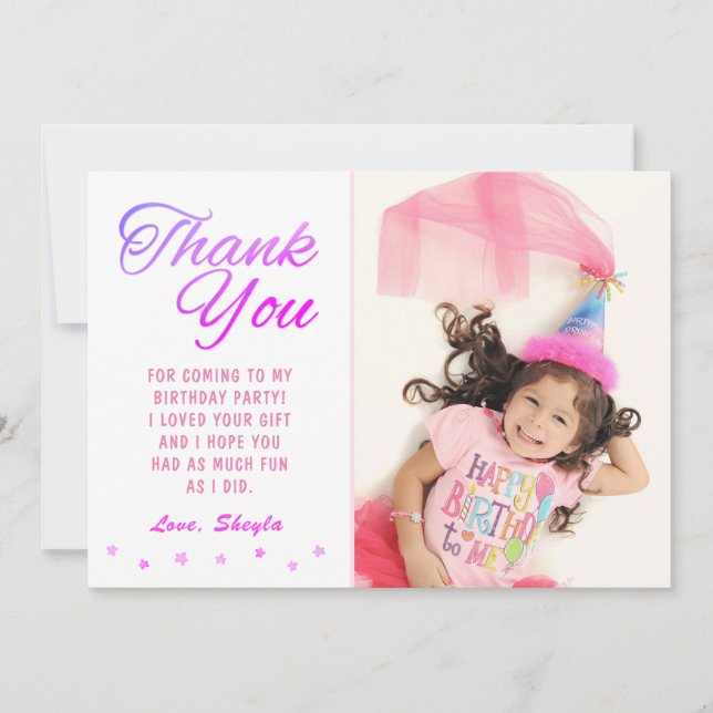 Cute Pink Star Birthday Girl Photo  Thank You Card (Front)