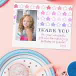 Cute Pink Star Girly Photo Birthday Thank You Postcard<br><div class="desc">Cute Pink Star Girly Photo Birthday Thank You Postcard. Cute and girly thank you postcard with a photo, a message for your family and friends and a child`s name. The postcard has colourful stars in pink and purple colours. Personalize this photo card with your kid`s name and your child`s photo...</div>