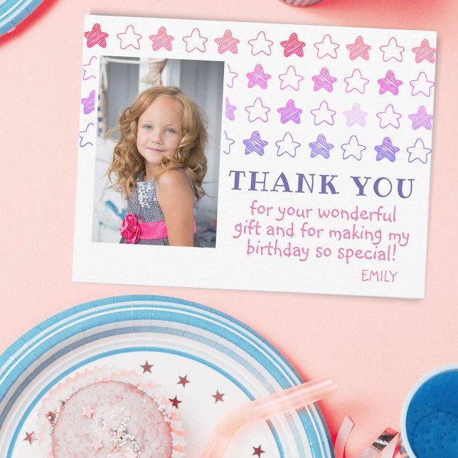 Cute Pink Star Girly Photo Birthday Thank You Postcard (Creator Uploaded)